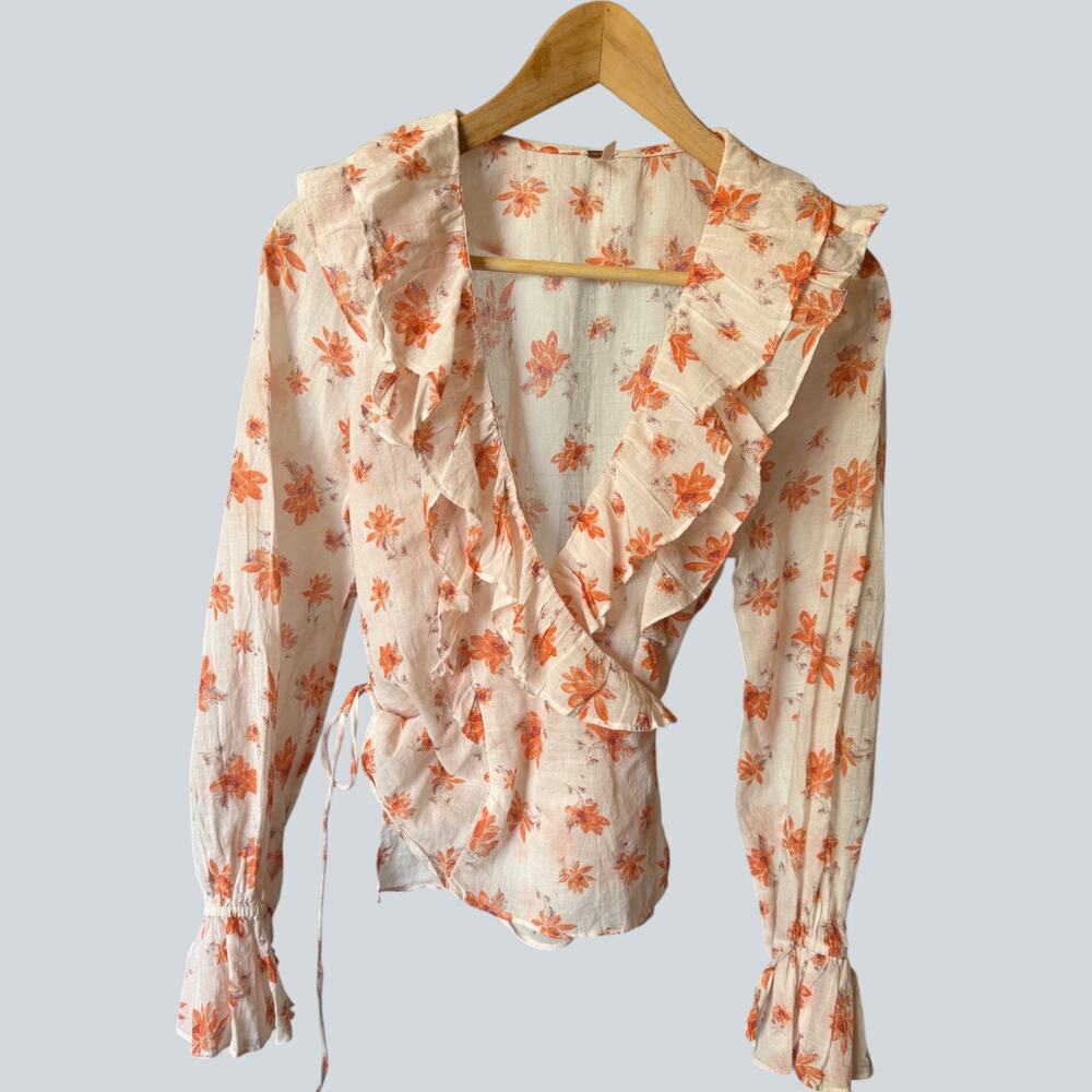 Free People 100% Cotton Floral Ruffle Wrap Top Size Small